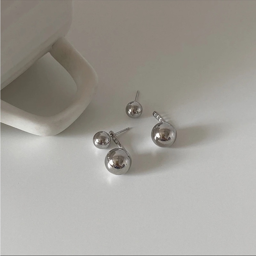 New Silver Ear Jacket Earrings with Double Ball - Picture 2 of 9